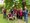 Eine Gruppe von neun Menschen posiert lächelnd für ein Foto im Garten unter einem großen Baum. Mehrere Personen tragen rote Schürzen mit dem Logo „Deutscher Gartenbau“. Zwei Personen knien vorne, die anderen stehen dahinter.